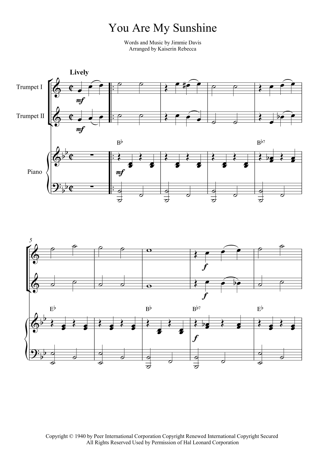 You Are My Sunshine (arr. Kaiserin Rebecca)