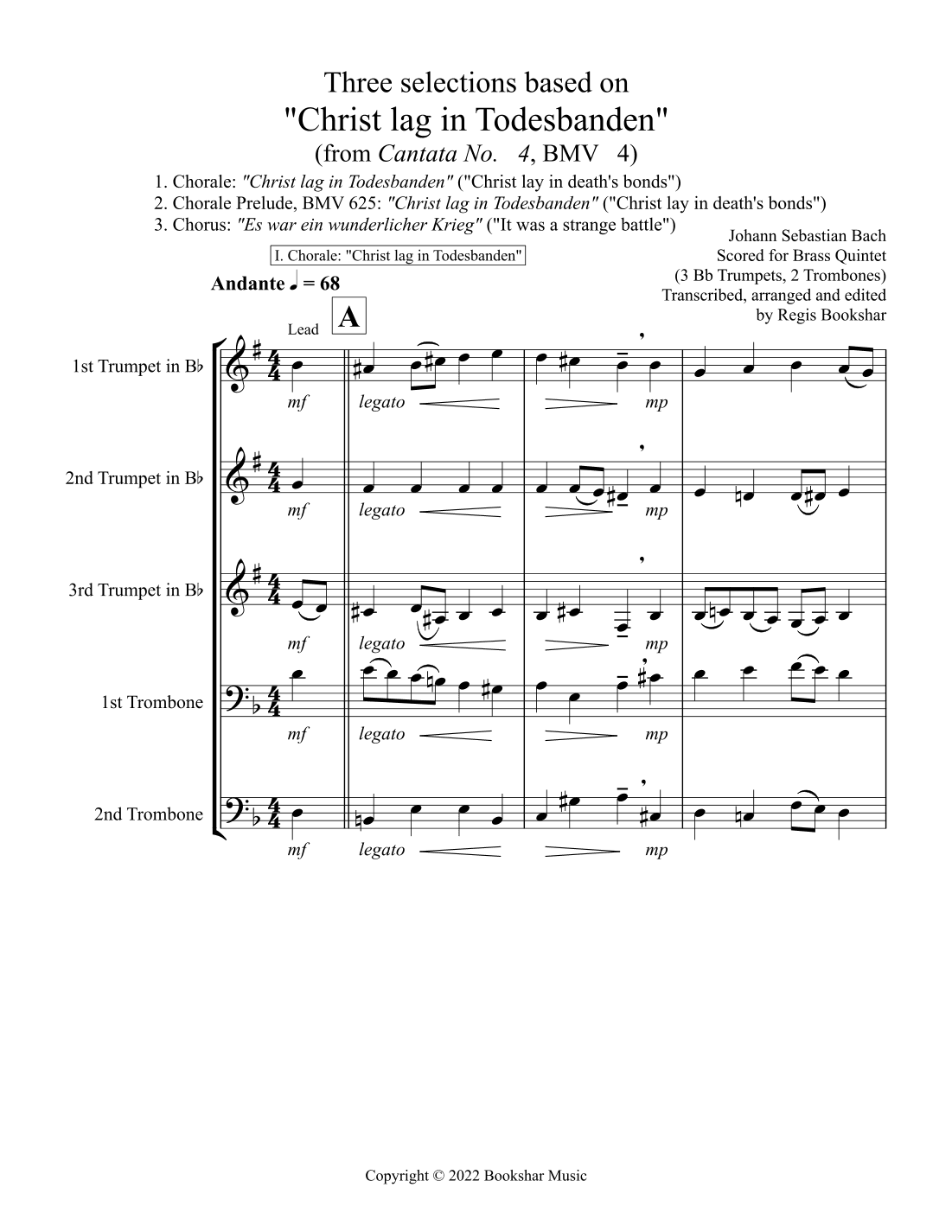 Three selections based on "Christ lag in Todesbanden" (Brass Quintet - 3 Trp, 2 Trb) (arr. Regis Bookshar)