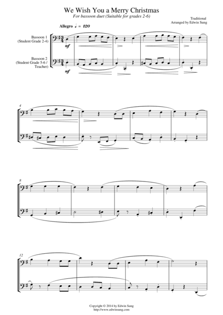 We Wish You a Merry Christmas (for bassoon duet, suitable for grades 2-6) (arr. Edwin Sung)