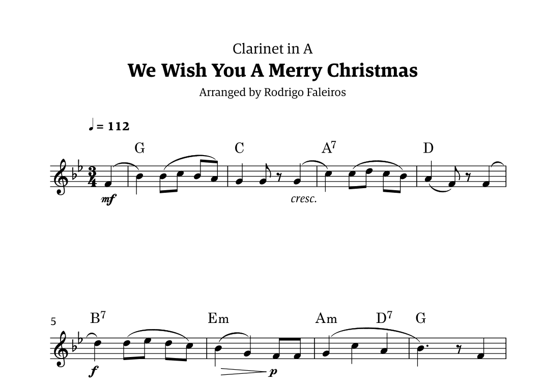 We Wish You a Merry Christmas (for solo clarinet in A) (arr. Rodrigo Faleiros)