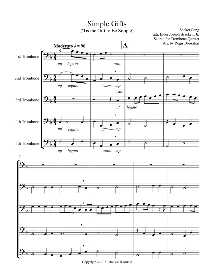 Simple Gifts ('Tis the Gift to Be Simple) (F) (Trombone Quintet) (arr. Regis Bookshar)