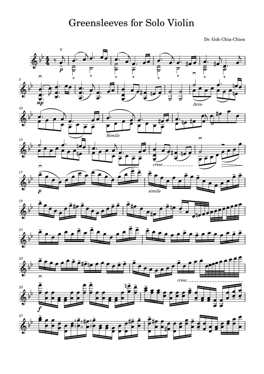 Greensleeves for Solo Violin (arr. Dr. Chia-Chien Goh)