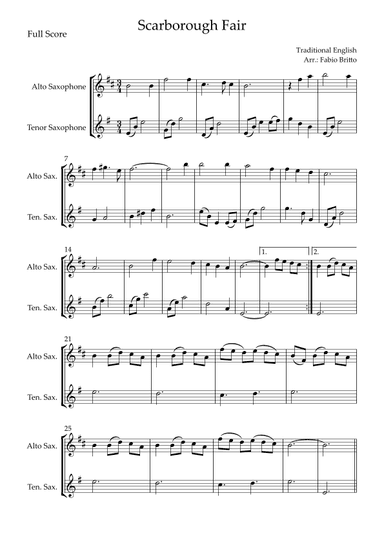 Scarborough Fair for Alto Saxophone & Tenor Saxophone Duo (arr. Fabio Britto)