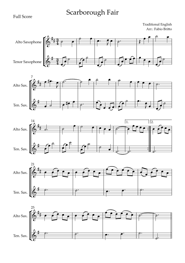 Scarborough Fair for Alto Saxophone & Tenor Saxophone Duo (arr. Fabio Britto)
