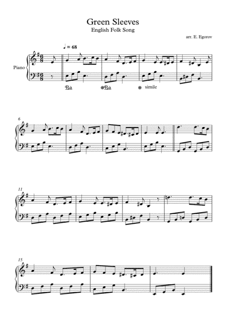 Green Sleeves, English Folk Song, For Easy Piano