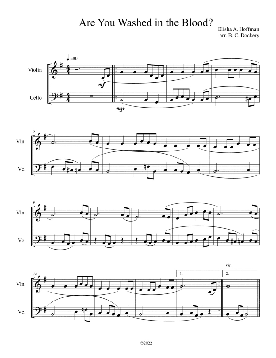 Are You Washed in the Blood? (Violin and Cello Duet) (arr. B. C. Dockery)
