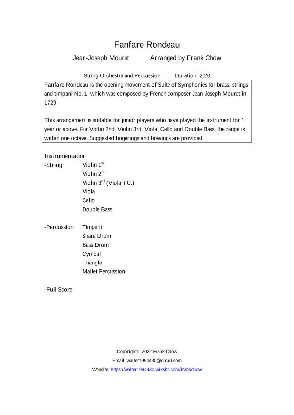 Fanfare Rondeau (for string orchestra and percussion) (arr. Frank Chow)