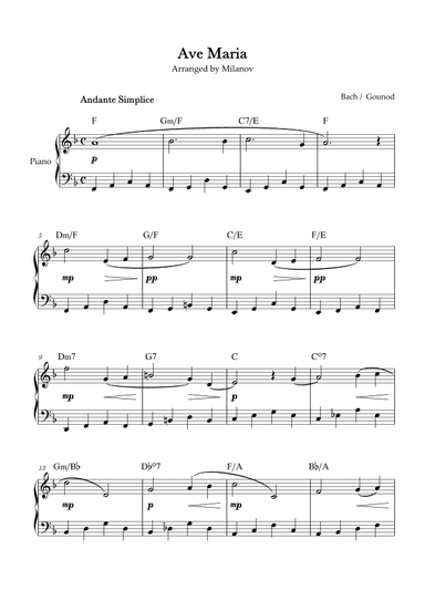 Ave Maria Bach Gounod in F Easy Intermediate Piano Chord (arr. Milanov)
