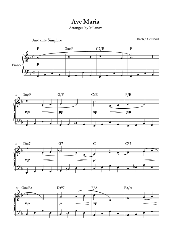 Ave Maria Bach Gounod in F Easy Intermediate Piano Chord (arr. Milanov)