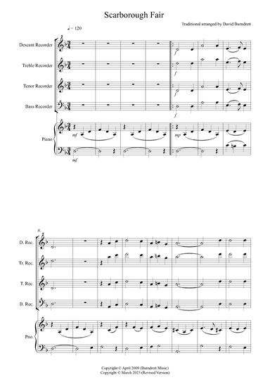 Scarborough Fair for Recorder and Piano (arr. David Burndrett)
