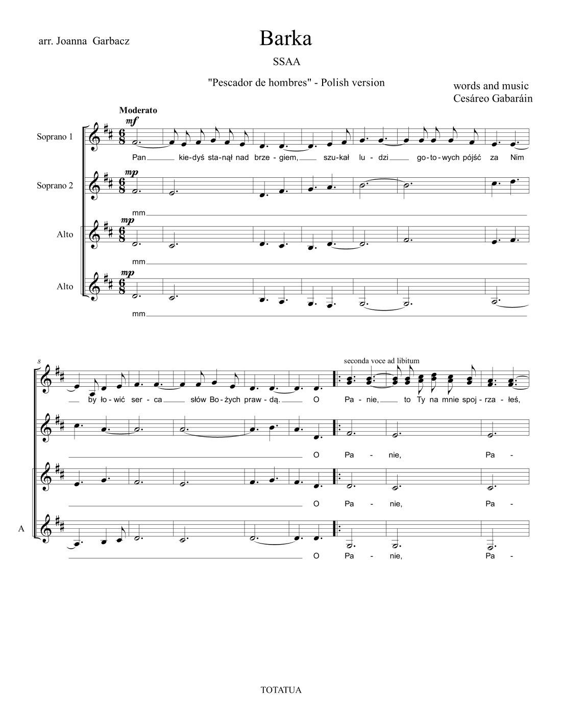 Barka (Polish version Pescador de hombres) (arr. Joanna Garbacz)