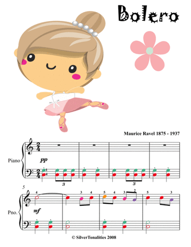 Bolero Easy Piano Sheet Music with Colored Notes (arr. SilverTonalities)