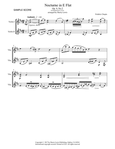 NOCTURNE Op. 9 No. 2 by Chopin DUET FOR 2 VIOLINS, Intermediate Level (arr. Sherry Lewis)