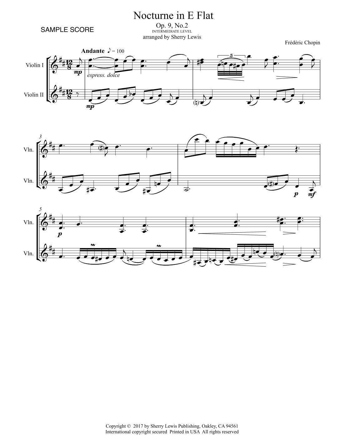 NOCTURNE Op. 9 No. 2 by Chopin DUET FOR 2 VIOLINS, Intermediate Level (arr. Sherry Lewis)