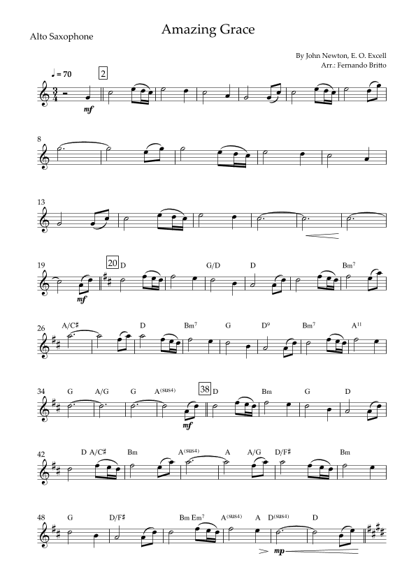 Amazing Grace for Alto Saxophone Solo with Chords (arr. Fernando Britto)