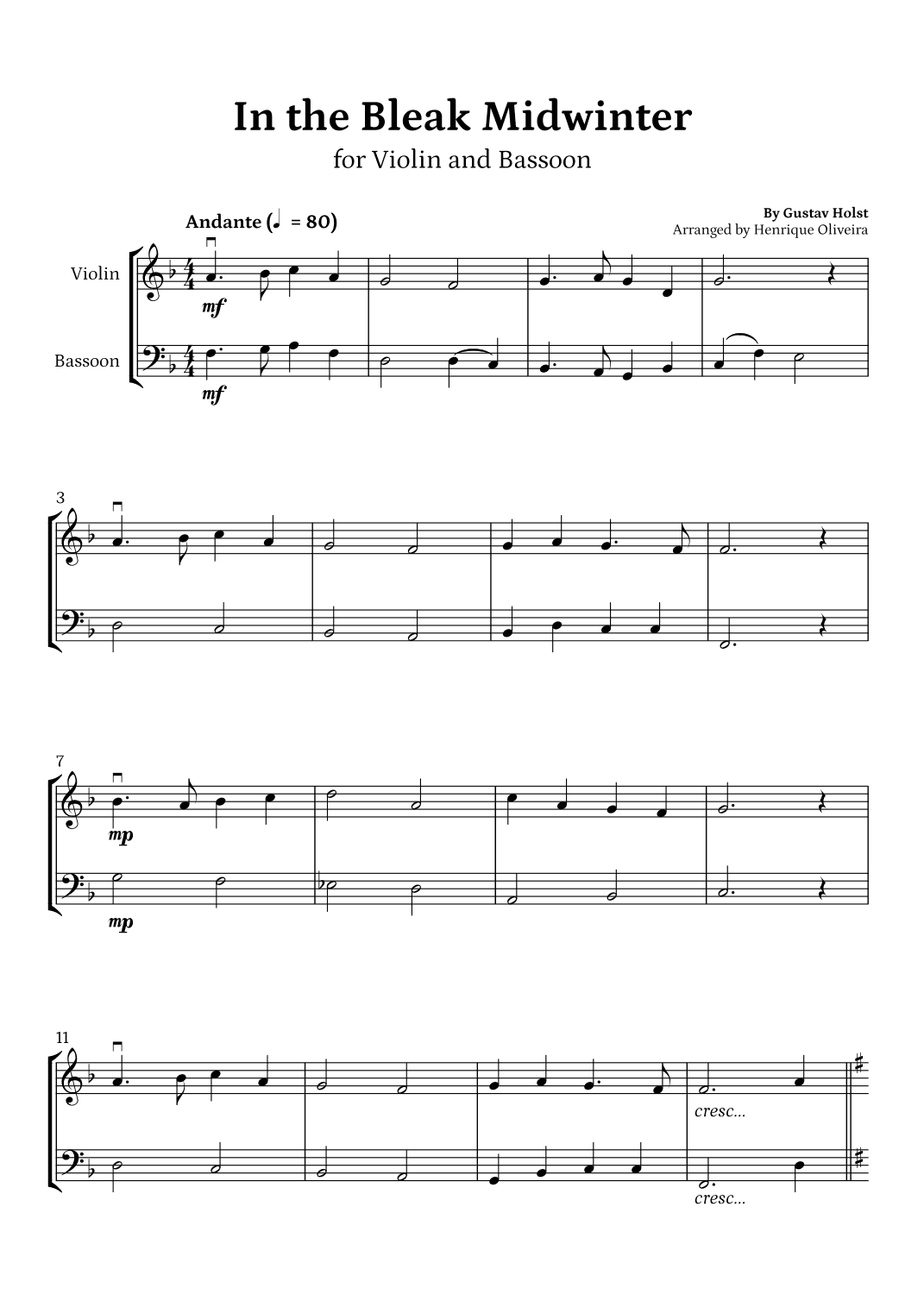 In the Bleak Midwinter (Violin and Bassoon) - Beginner Level (arr. Henrique Oliveira)