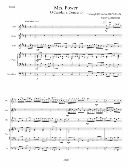 Mrs. Power (O'Carolan's Concerto) for Oboe, Violin, Harp, Piano & Bass (arr. Nancy J. Brammer)