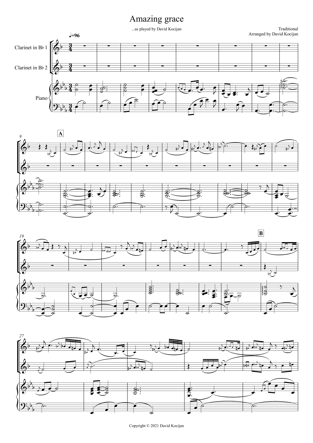 Amazing grace TRIO (Piano & 2 Clarinets) (arr. David Kocijan)