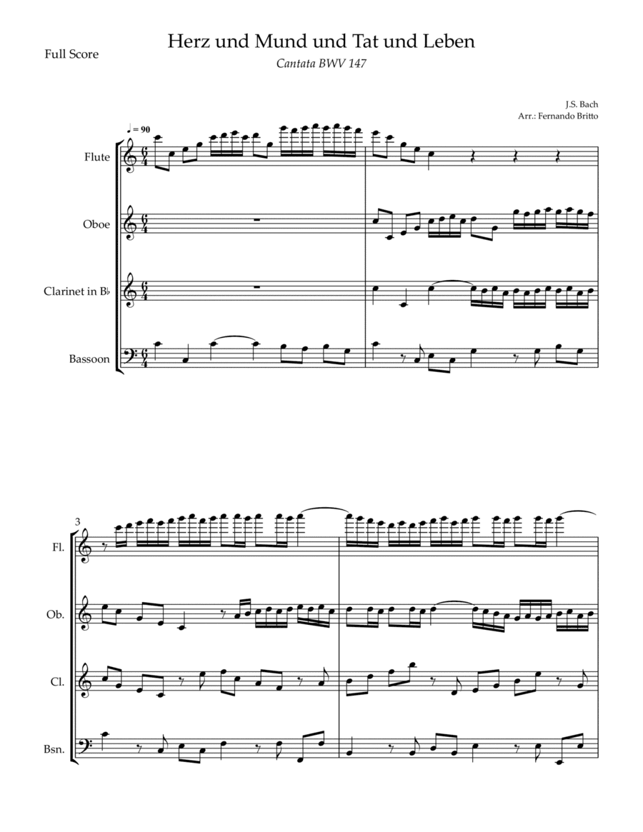 Cantata Herz und Mund und Tat und Leben (J.S. Bach BWV 147) for String Woodwind (arr. Fernando Britto)