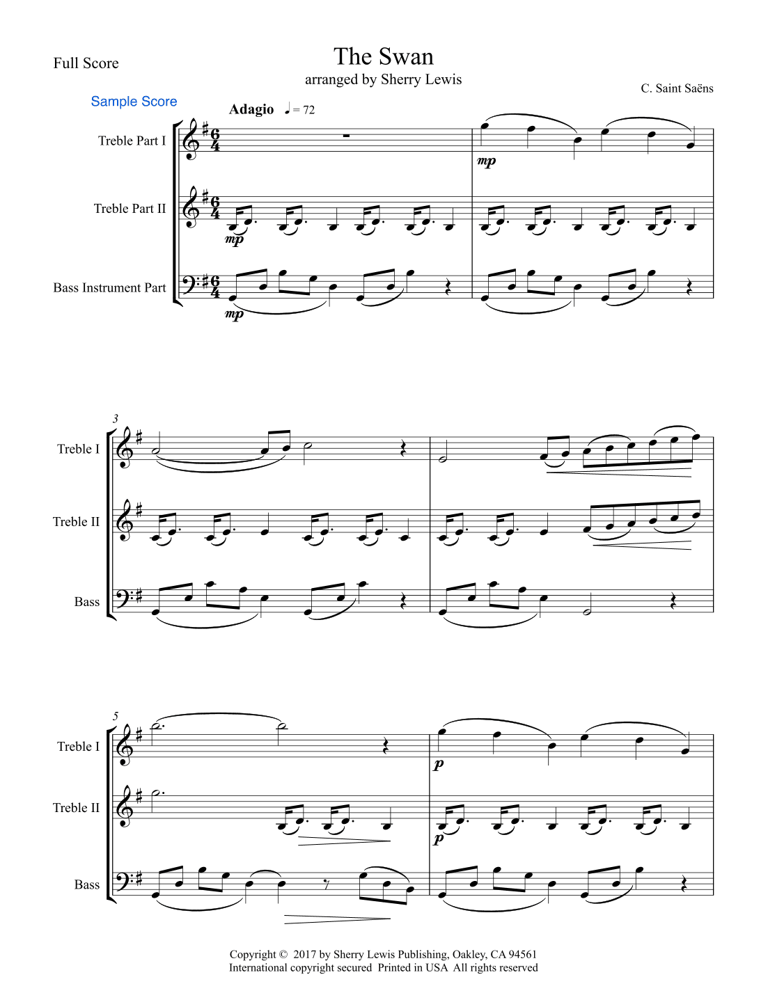 THE SWAN for Trio for String Trio, Woodwind Trio, any combination of two treble clef instruments an (arr. Sherry Lewis)