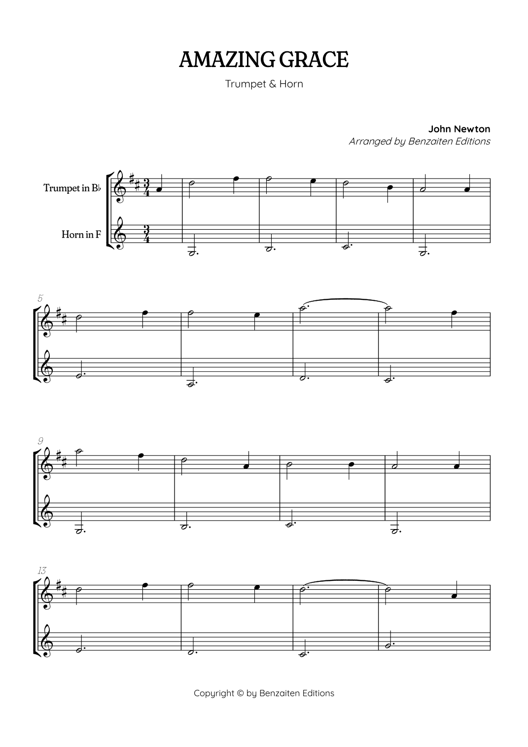 Amazing Grace • super easy trumpet and french horn sheet music (arr. Benzaiten Editions)