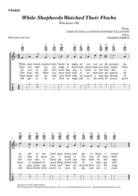 While Shepherds Watched Their Flocks – Winchester Old (for Ukulele with TAB) (arr. Michael Thomas Andrews)
