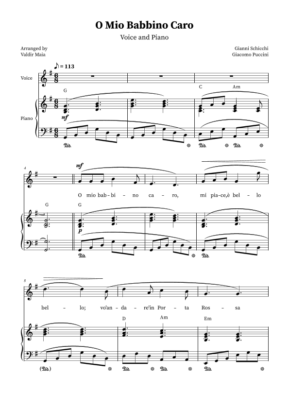 O Mio Babbino Caro - Female Voice in G Major (with chords) (arr. Valdir Maia)