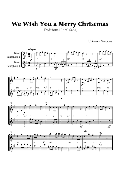We Wish you a Merry Christmas for Tenor Sax Duet with Chords (arr. Rika K.)