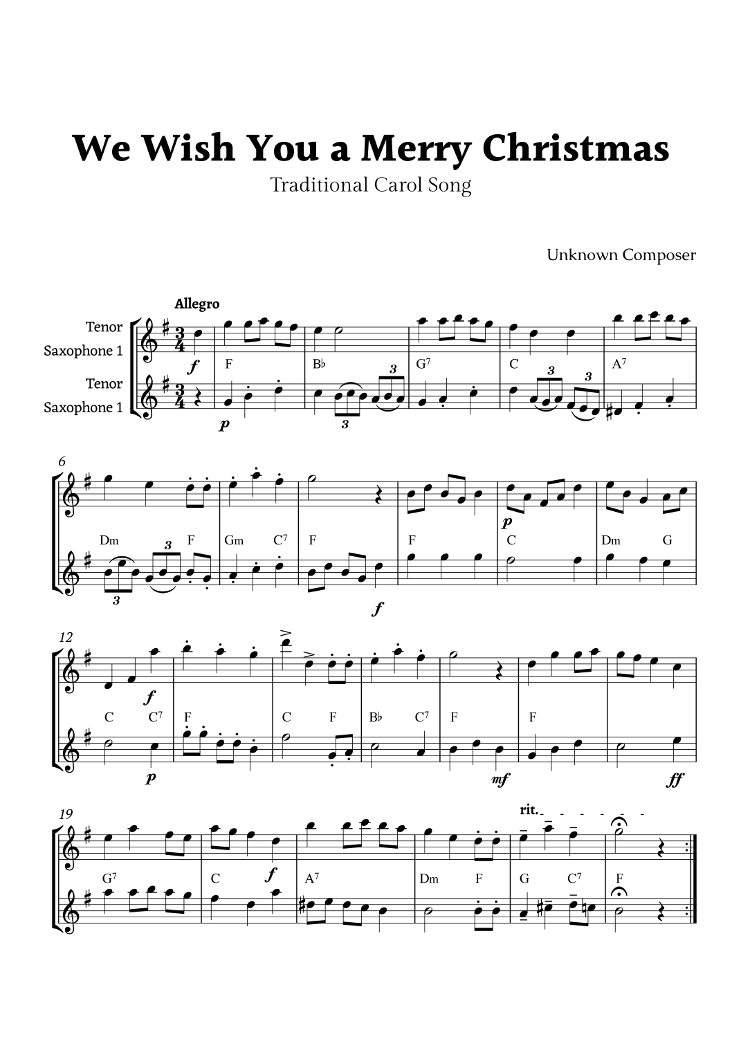 We Wish you a Merry Christmas for Tenor Sax Duet with Chords (arr. Rika K.)