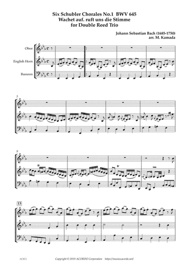 Six Schubler Chorales No.1 BWV645 'Wachet auf. ruft uns die Stimme' for Double Reed Trio (arr. Kamada, Mikio)