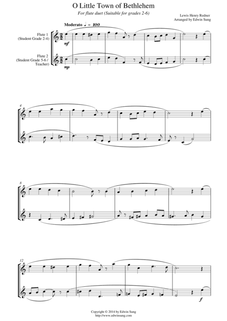 O Little Town of Bethlehem (for flute duet, suitable for grades 2-6) (arr. Edwin Sung)