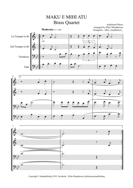 Maku e mihi atu - Maori NZ Brass Quartet. ALL PARTS and SCORE (arr. Ellen Macpherson)