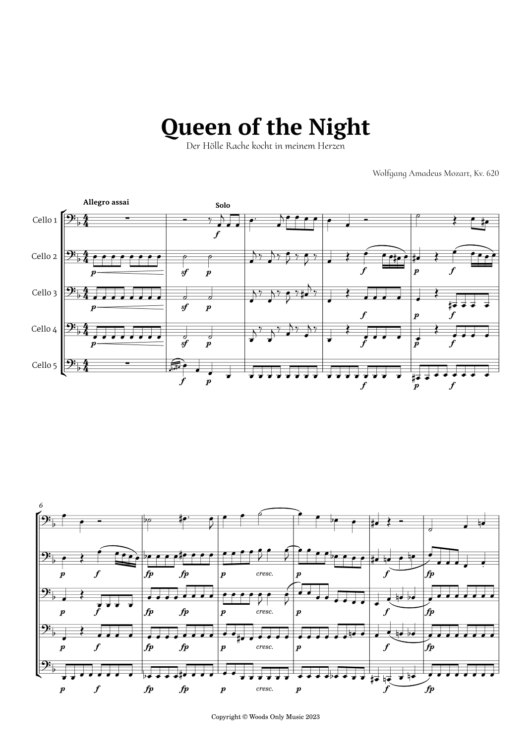 Queen of the Night Aria by Mozart for Cello Quintet (arr. Ander)