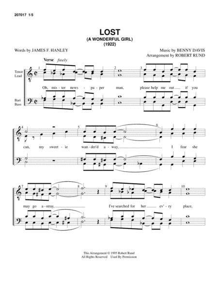 Lost (A Wonderful Girl), (TTBB - barbershop) - arr. Robert Rund (arr. Robert Rund)