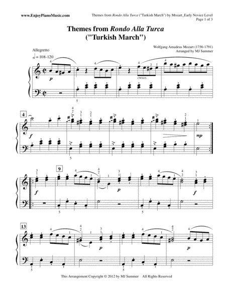 Rondo Alla Turca (Turkish March), Main Themes by Mozart--Easy Piano (arr. MJ Summer)