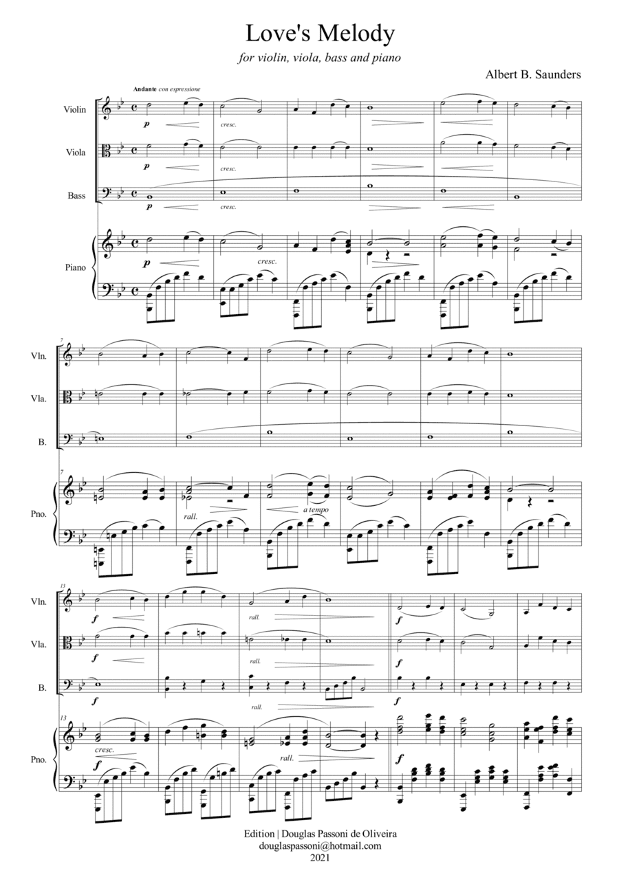 Love's Melody (for vln, vla, bass and piano) (score and parts) (arr. Passoni Music)