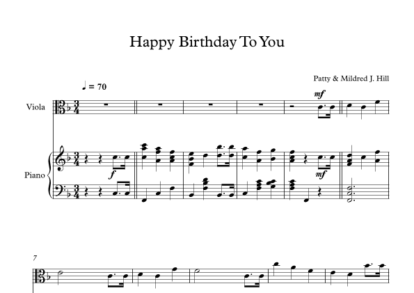 Happy Birthday To You - Patty & Mildred J. Hill (Viola + Piano) (arr. Digital Book Music)