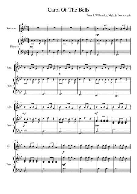 Carol Of The Bells - Recorder and Piano (arr. K J Rickells)