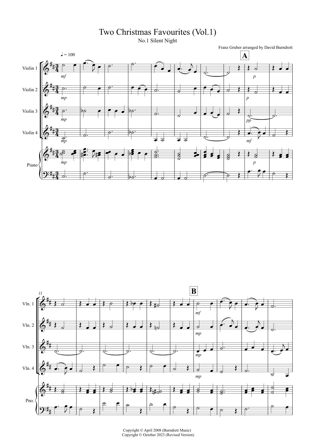 2 Christmas Favourites for Violin Quartet (volume one) (arr. David Burndrett)