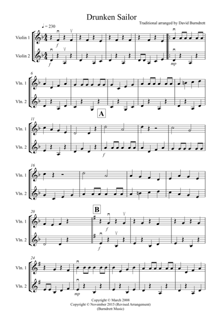 Drunken Sailor for Violin Duet (arr. David Burndrett)