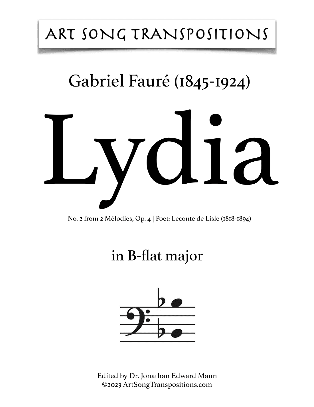 FAURÉ: Lydia, Op. 4 no. 2 (transposed to B-flat major, bass clef) (arr. ArtSongTranspositions.com)