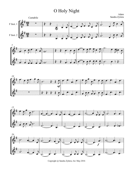 O Holy Night (treble F instrument duet, parts only) (arr. Sandra Zylstra)