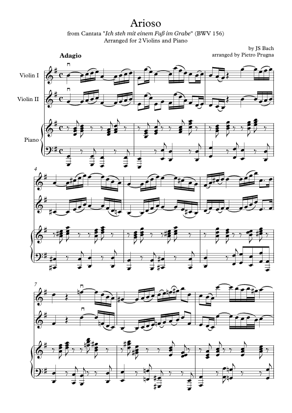 Arioso (BWV 156) by JS Bach - arranged for 2 Violins & Piano (Part of "I'll Second This" Series) (arr. Pietro Prugna)