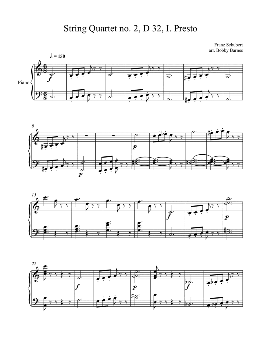 Schubert's Strings Quartet no. 2, D. 32, I. Pressissimo (Piano) (arr. Bobby Barnes)