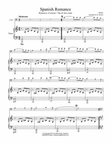 Spanish Romance, Romanza for cello and easy piano (arr. K. Krantz)