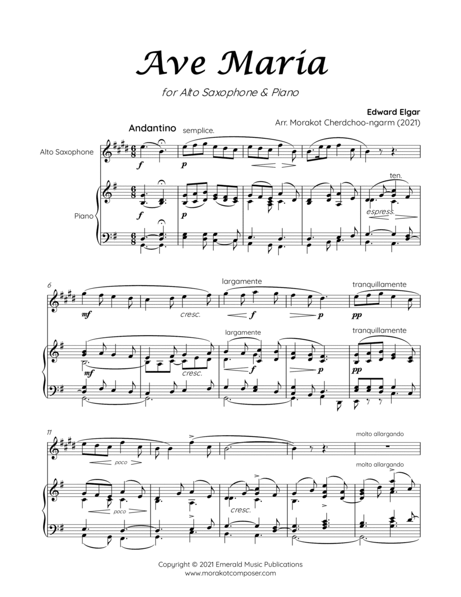 AVE MARIA ELGAR for Alto Saxophone & Piano (arr. Morakot Cherdchoo-ngarm)