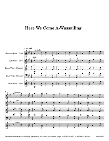 Here We Come A Wassailing for Woodwind Quartet in Schools (arr. Joseph Judge)