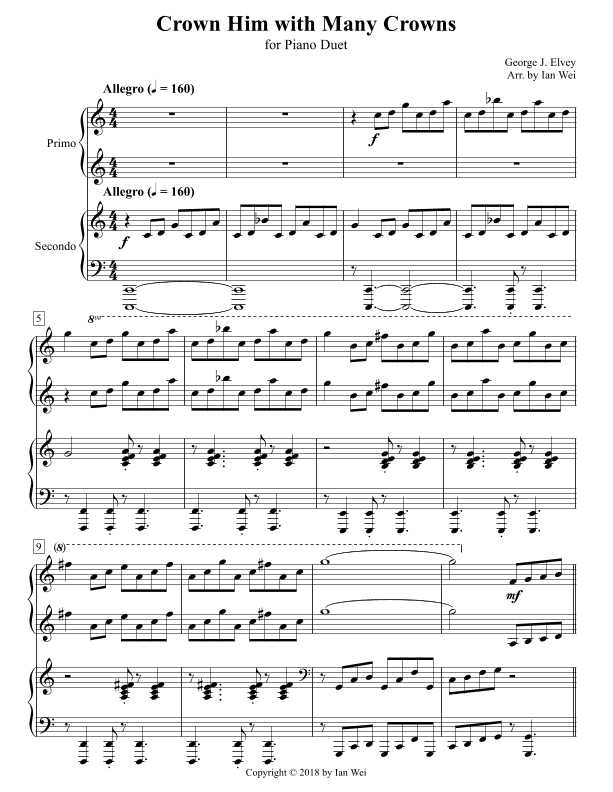 Crown Him with Many Crowns for Piano Duet (arr. Ian Wei)