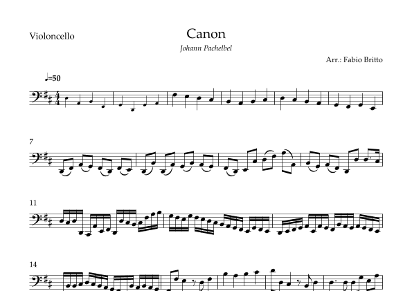 Canon - Johann Pachelbel (Wedding/Reduced Version) for Cello Solo (arr. Fabio Britto)