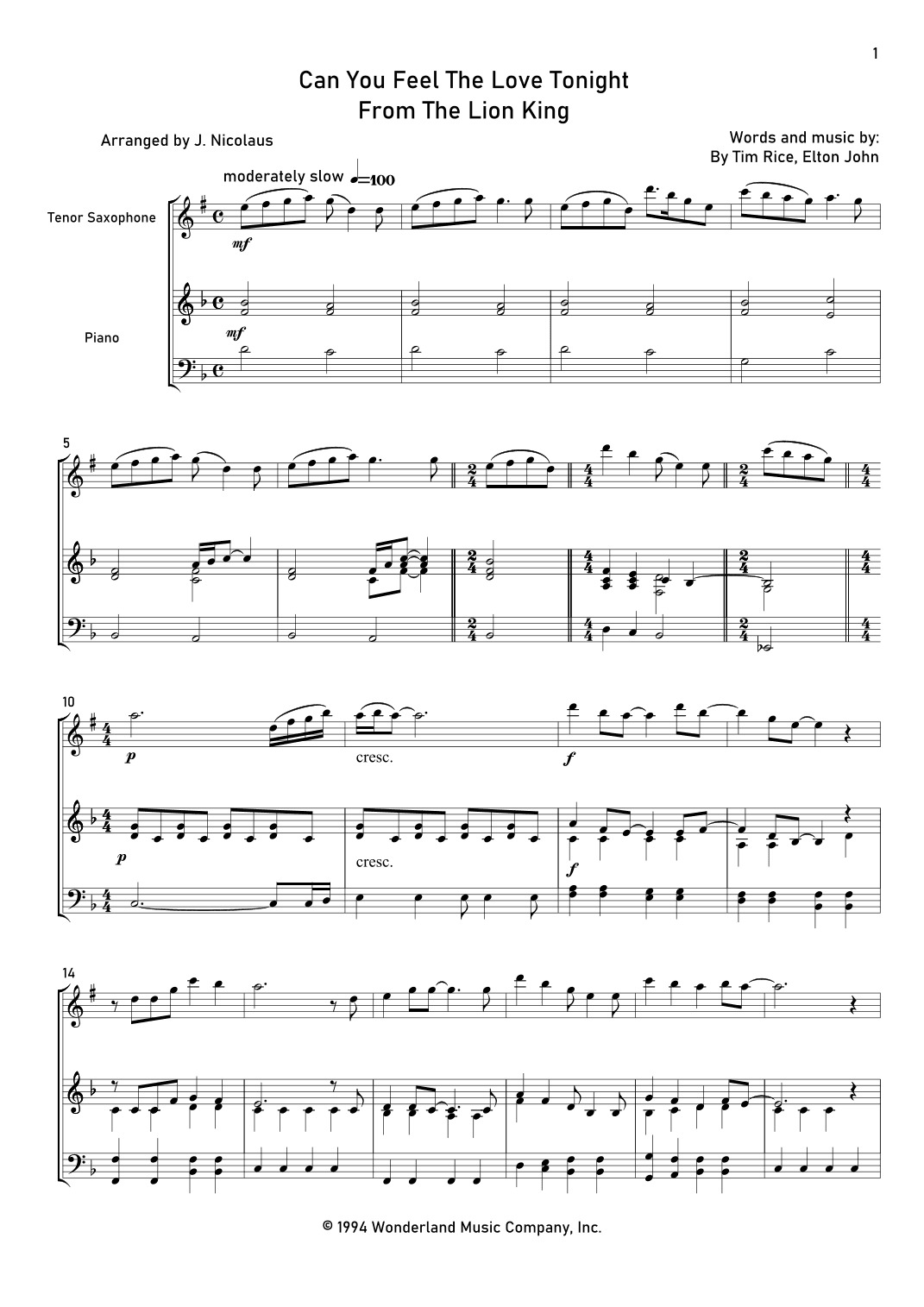 Can You Feel The Love Tonight (arr. John Nicolaus)